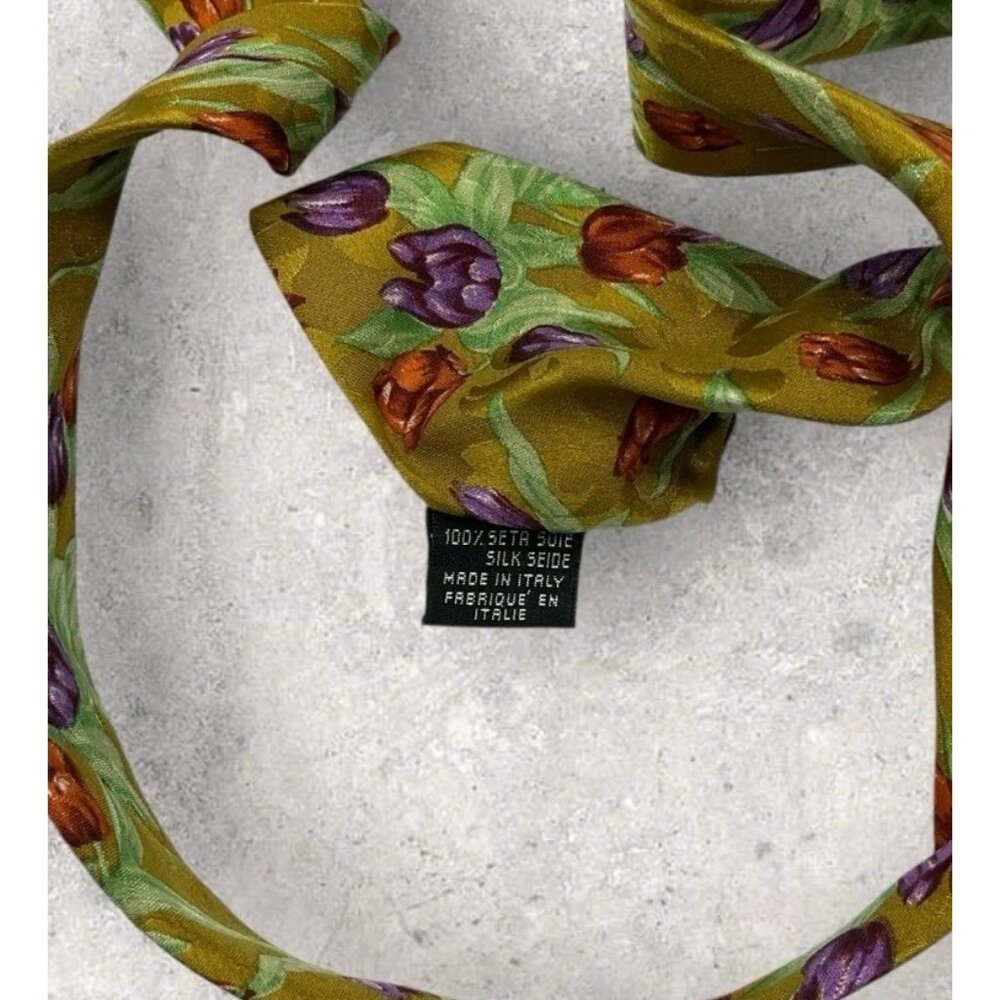 KENZO Silk Tie ITALY Green Purple Floral Leaf W:3.6" EUC - Picture 3 of 5
